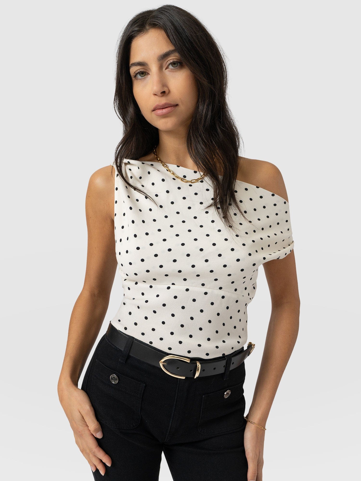 Raye Cowl Cami - Cream Polka Dot - Women's T-shirts | Saint + Sofia® EU