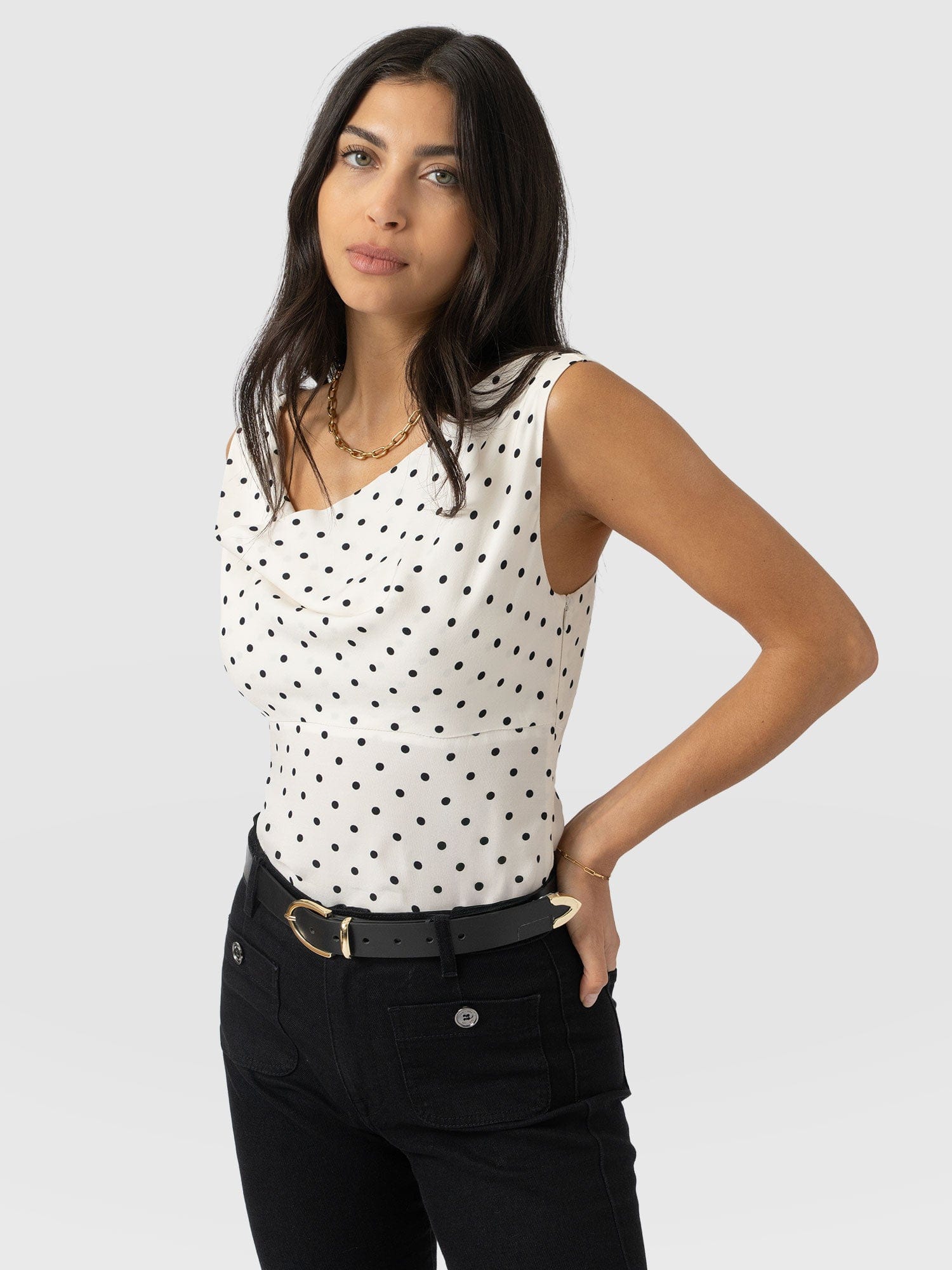 Raye Cowl Cami - Cream Polka Dot - Women's T-shirts | Saint + Sofia® EU