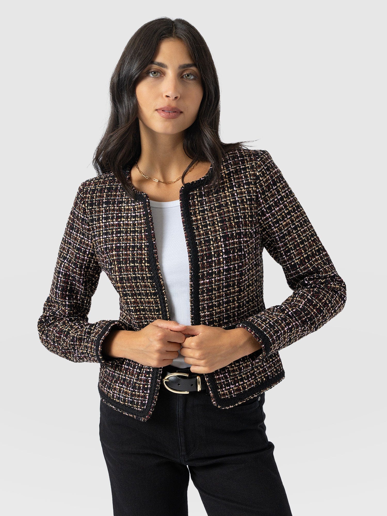 Rayner Jacket - Black/Burgundy/Gold Boucle - Women's Jackets | Saint + Sofia® EU