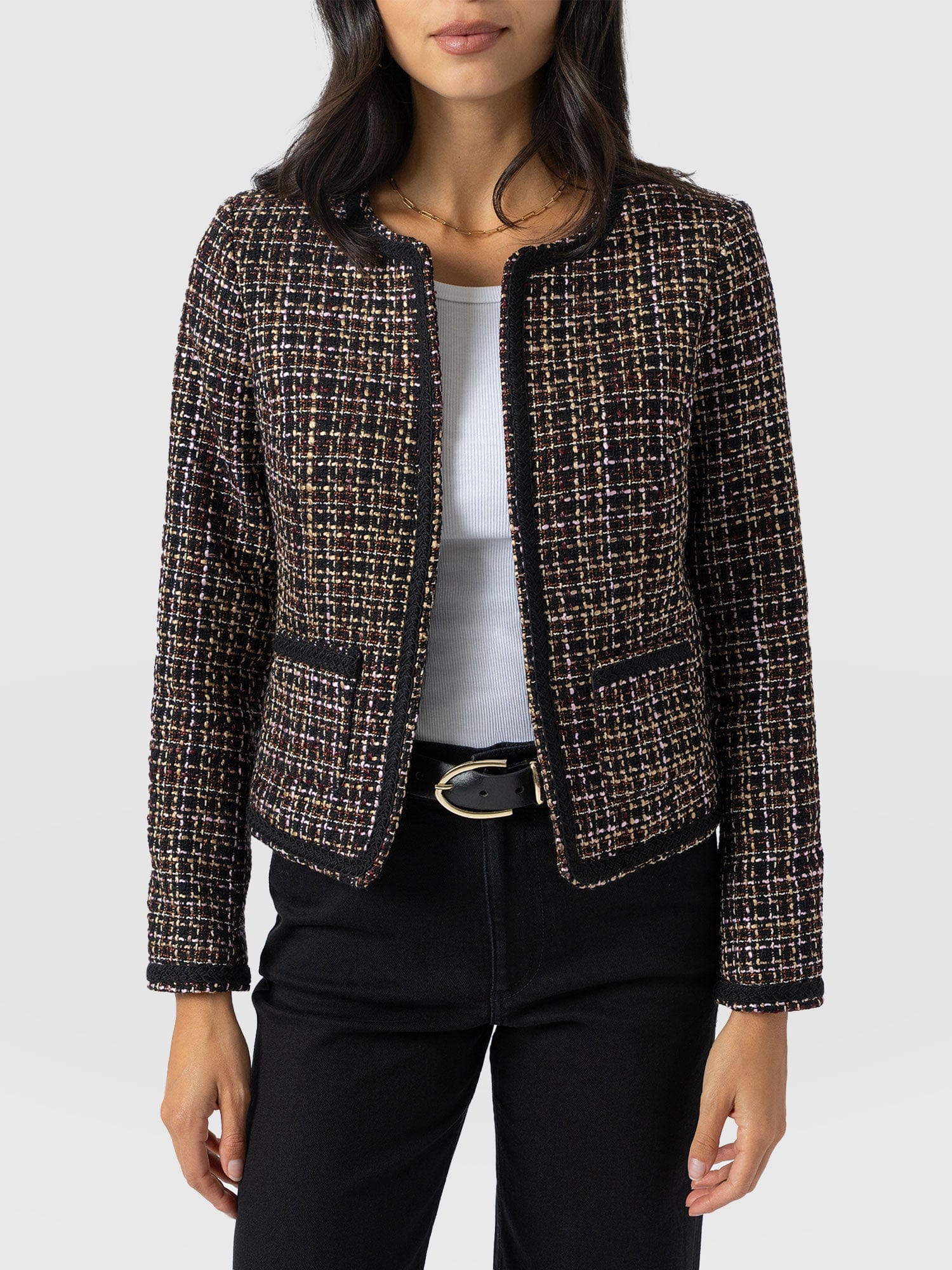 Rayner Jacket - Black/Burgundy/Gold Boucle - Women's Jackets | Saint + Sofia® EU