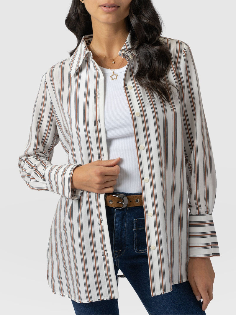 Reagan Tie Shirt - Beige Stripe - Women's Shirts | Saint + Sofia® EU