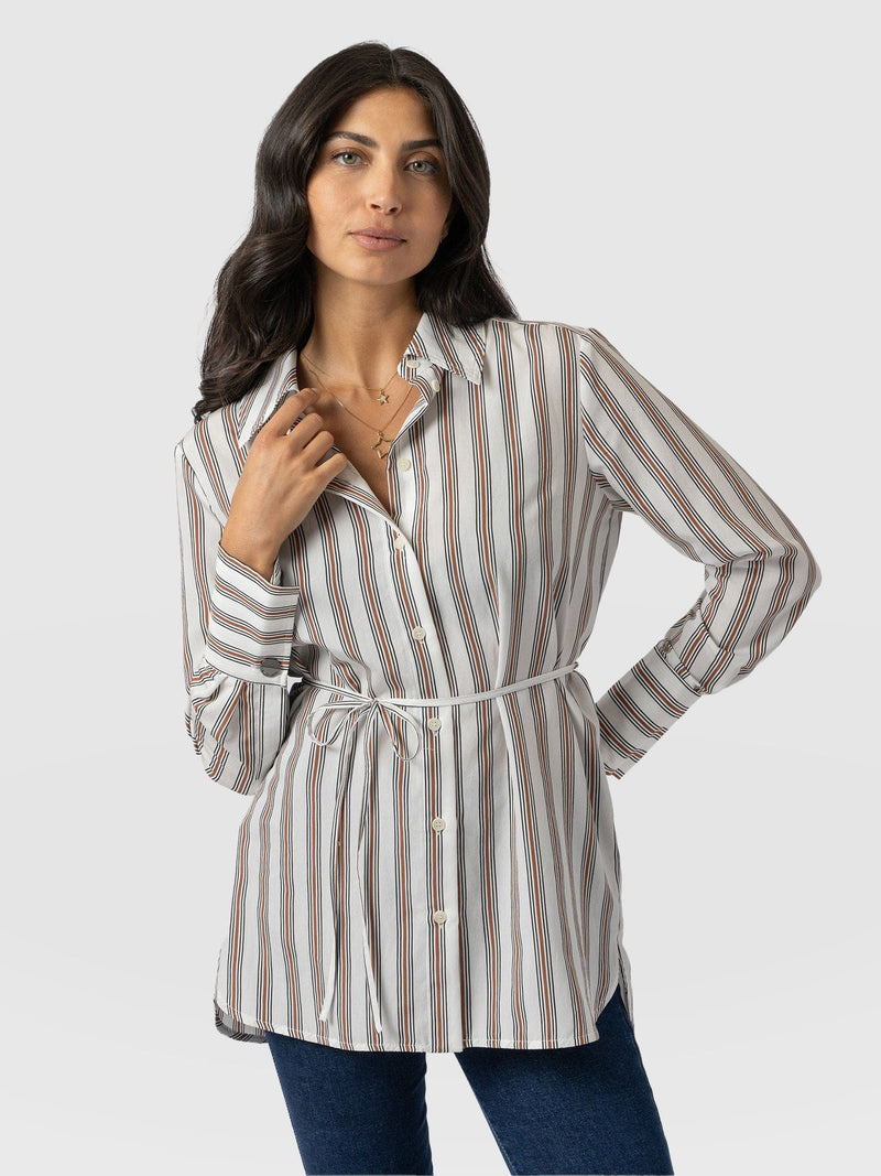 Reagan Tie Shirt - Beige Stripe - Women's Shirts | Saint + Sofia® EU