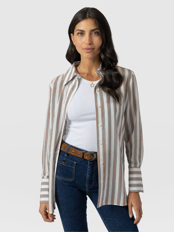 Reagan Tie Shirt - Beige Stripe - Women's Shirts | Saint + Sofia® EU