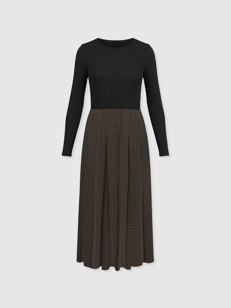 Renee Contrast Long Sleeve Dress - Brown Check - Women's Dresses | Saint + Sofia® EU