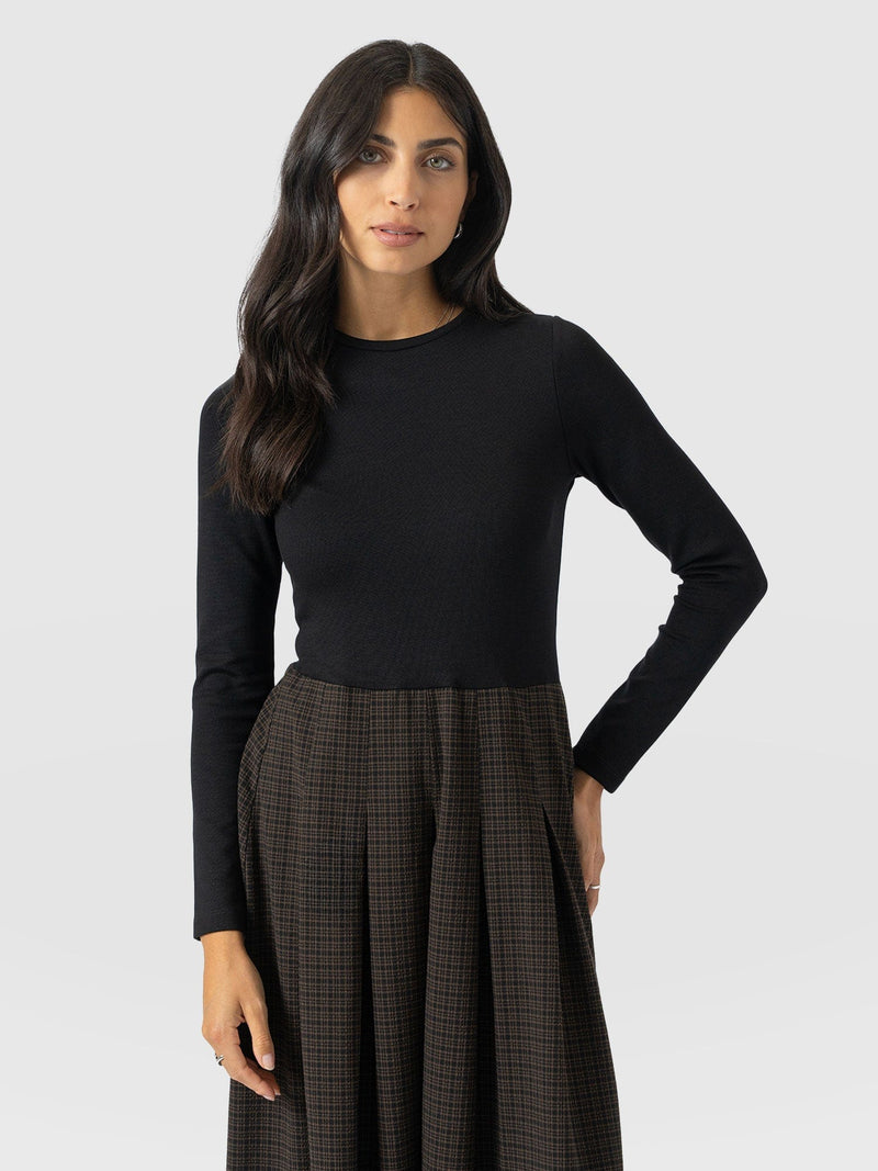 Renee Contrast Long Sleeve Dress - Brown Check - Women's Dresses | Saint + Sofia® EU