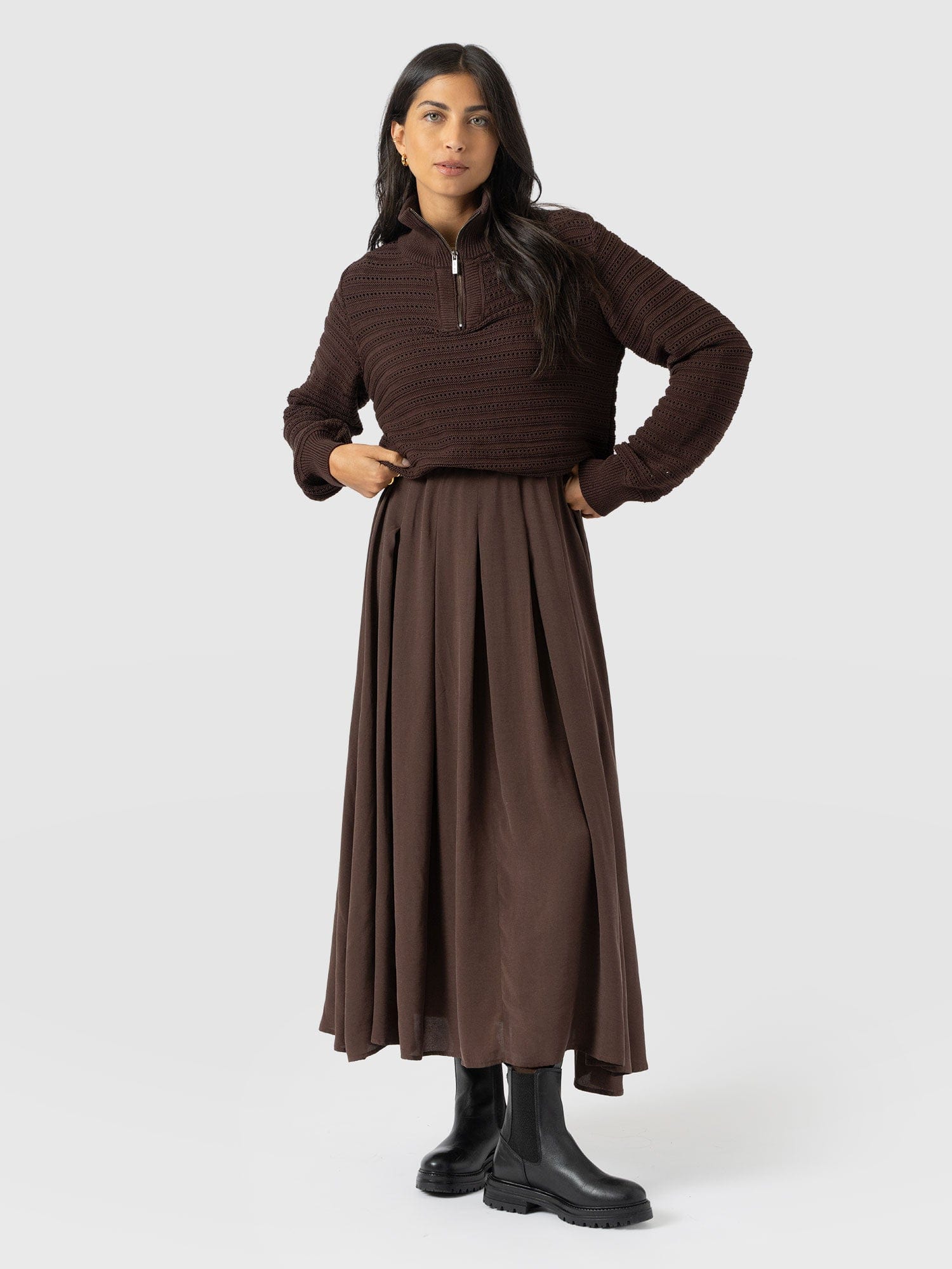 Renee Contrast Long Sleeve Dress - Brown - Women's Dresses | Saint + Sofia® EU