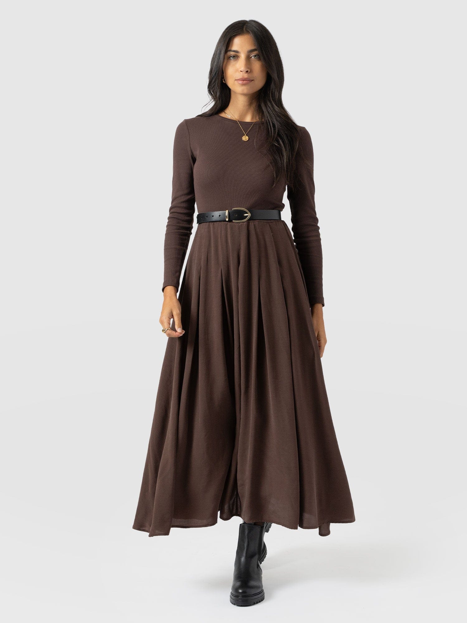 Renee Contrast Long Sleeve Dress - Brown - Women's Dresses | Saint + Sofia® EU