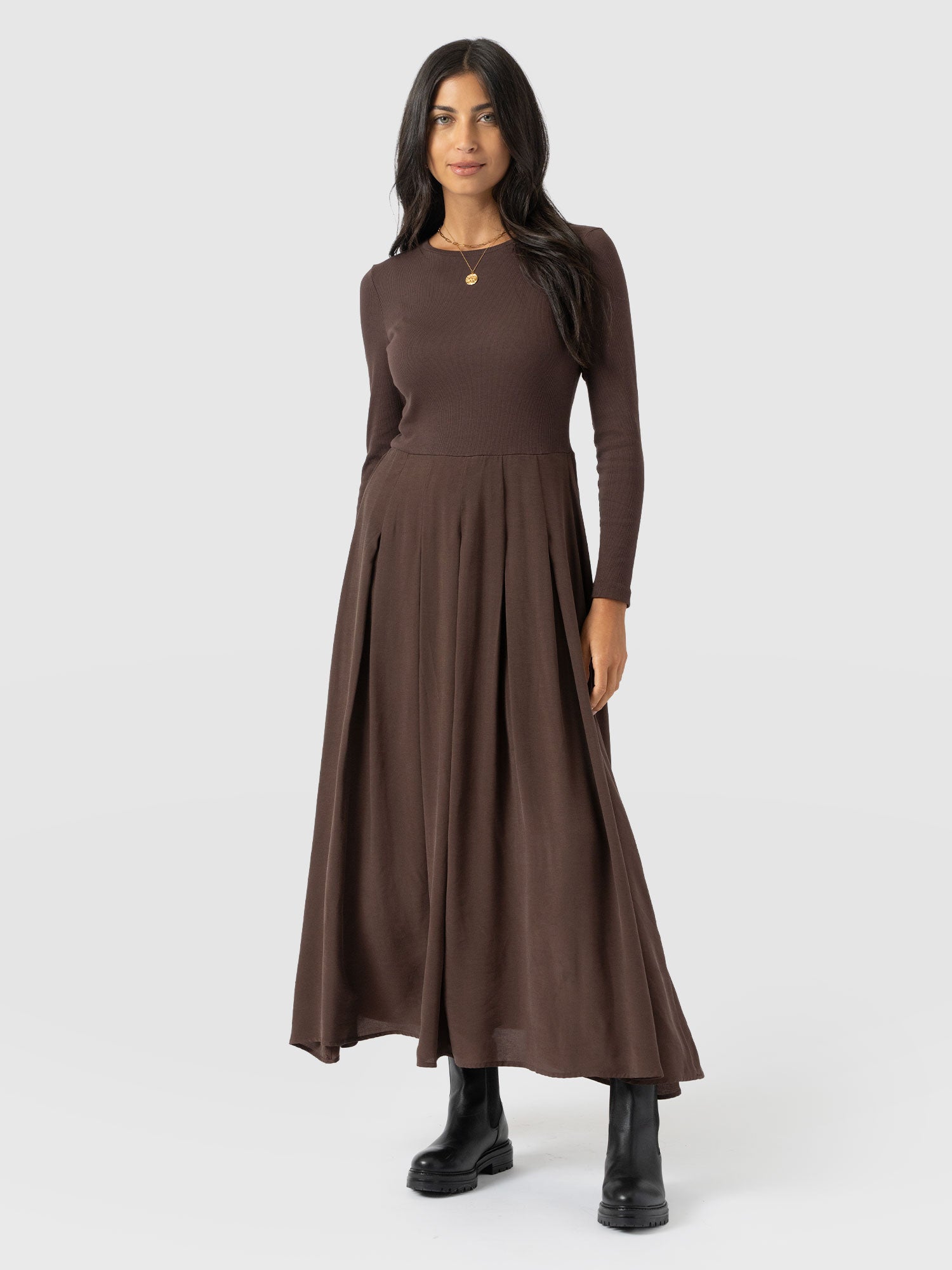 Renee Contrast Long Sleeve Dress - Brown - Women's Dresses | Saint + Sofia® EU