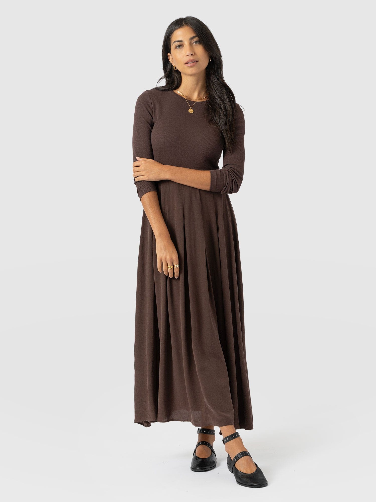 Renee Contrast Long Sleeve Dress - Brown - Women's Dresses | Saint + Sofia® EU
