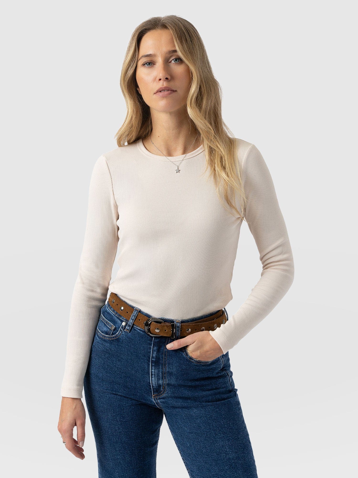 Ribbed Long Sleeve Tee - Cream - Women's T-shirts | Saint + Sofia® EU
