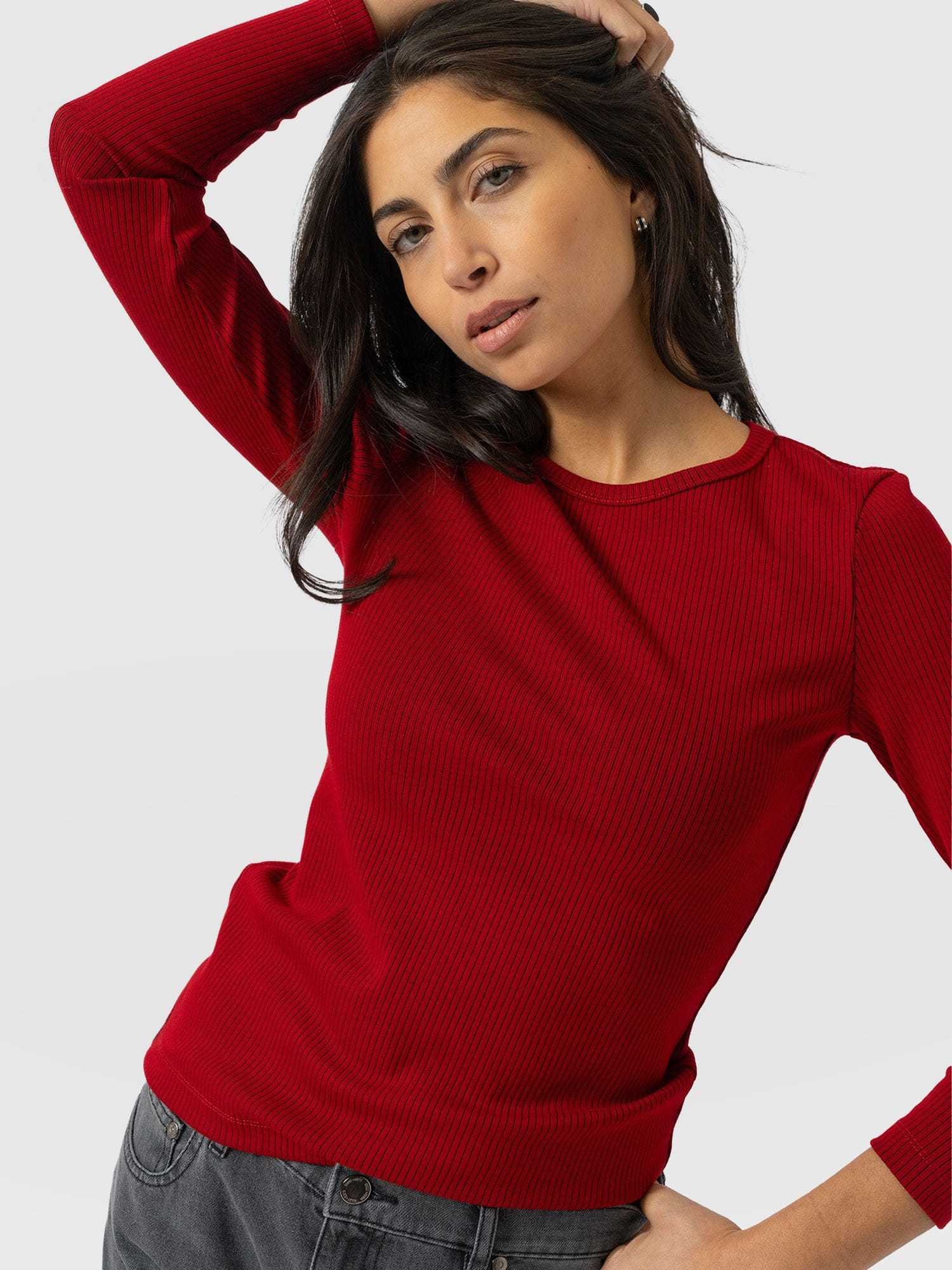 Ribbed Long Sleeve Tee - Deep Red - Women's T-shirts | Saint + Sofia® EU