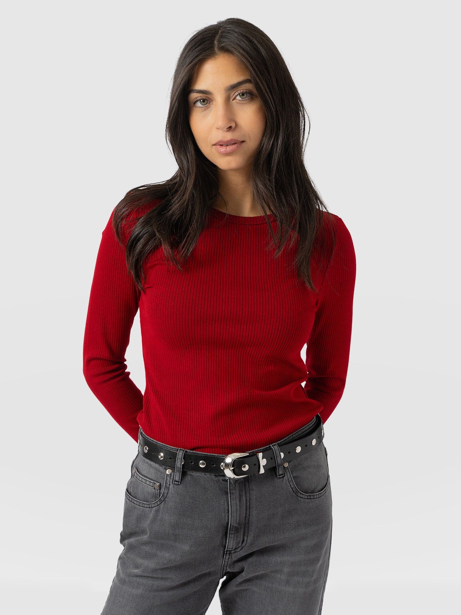 Ribbed Long Sleeve Tee - Deep Red - Women's T-shirts | Saint and Sofia® EU