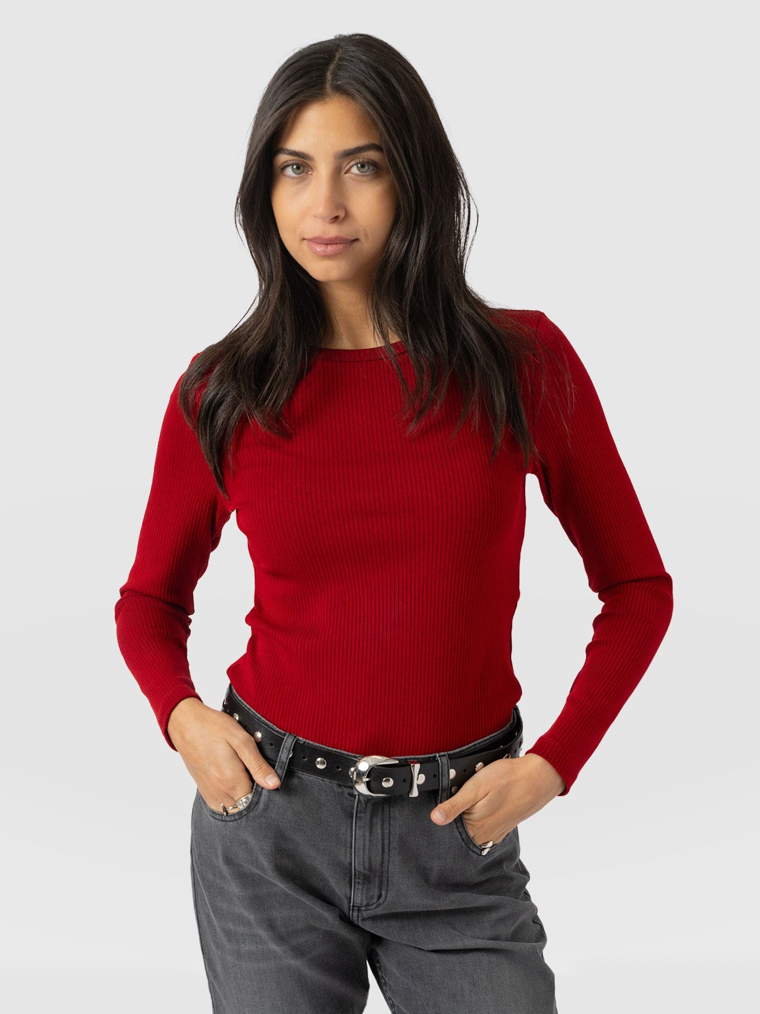 Ribbed Long Sleeve Tee - Deep Red - Women's T-shirts | Saint + Sofia® EU