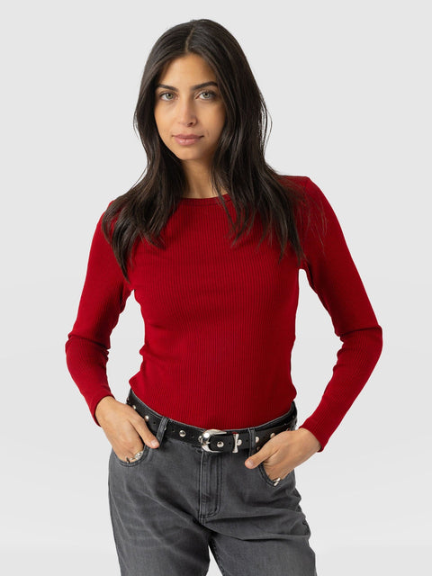 Ribbed Long Sleeve Tee - Deep Red - Women's T-shirts | Saint and Sofia® EU