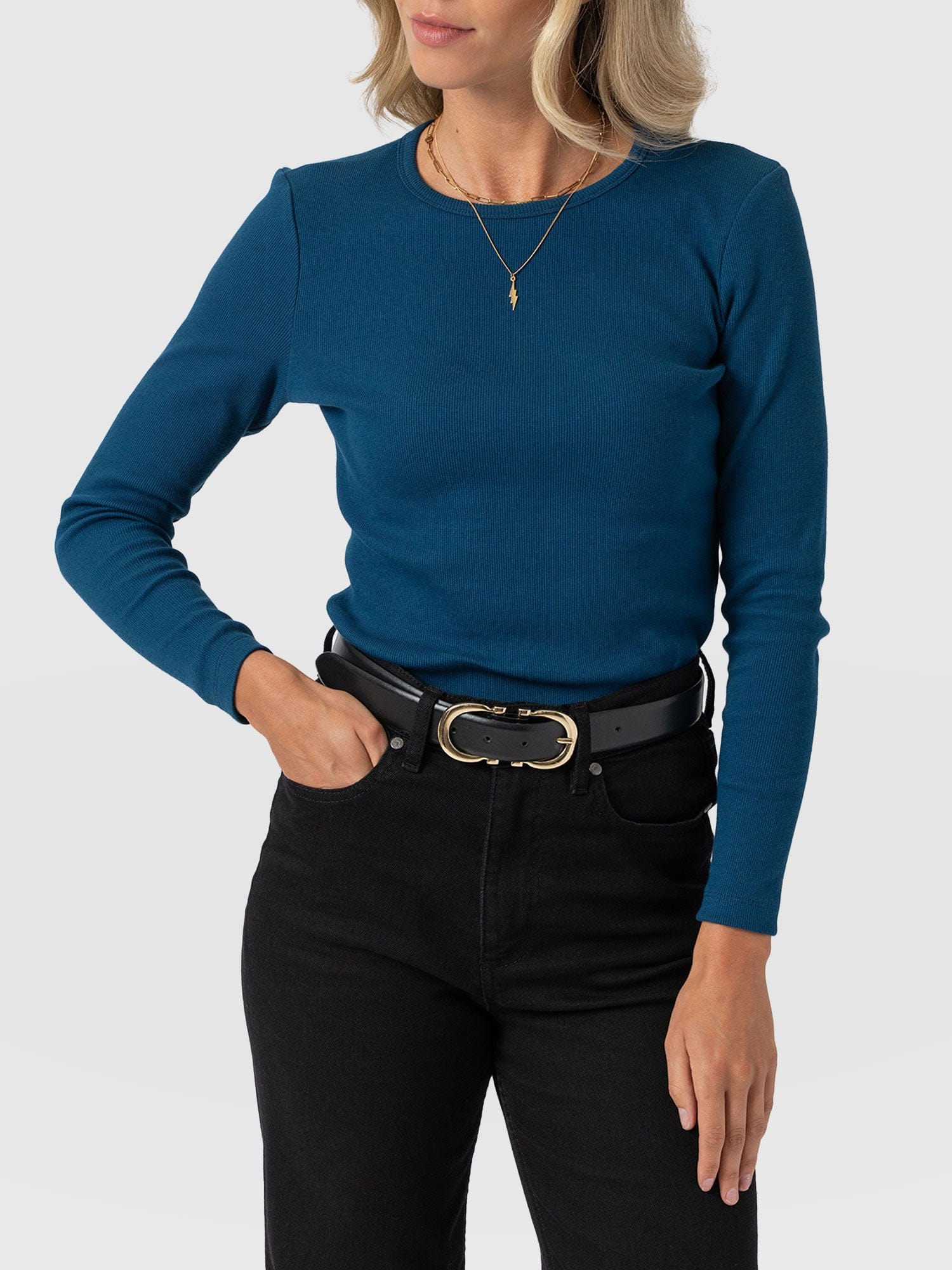 Ribbed Long Sleeve Tee - Teal - Women's T-shirts | Saint + Sofia® EU