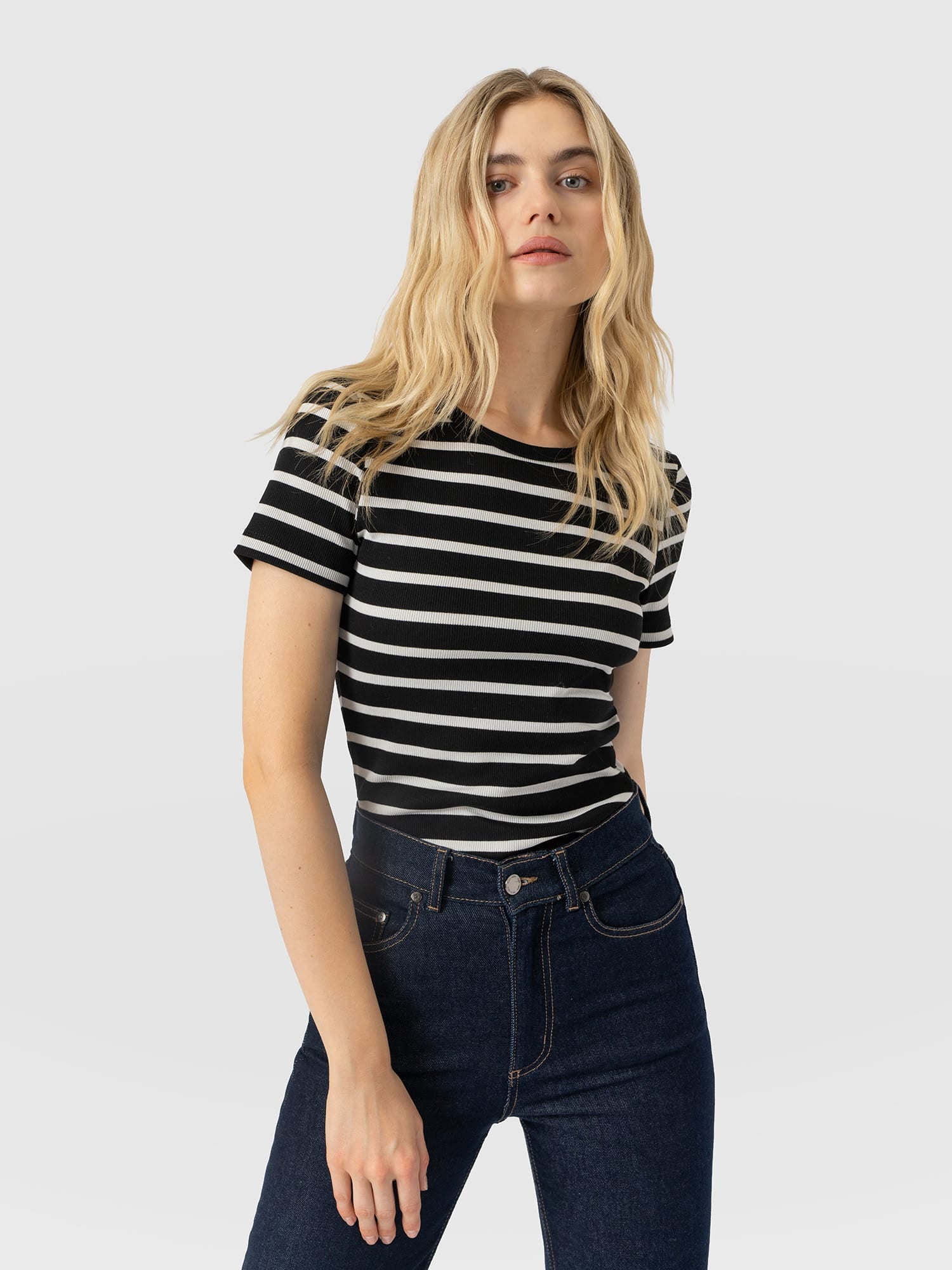 Ribbed Short Sleeve Tee - Black Stripe - Women's T-shirts | Saint and Sofia® EU