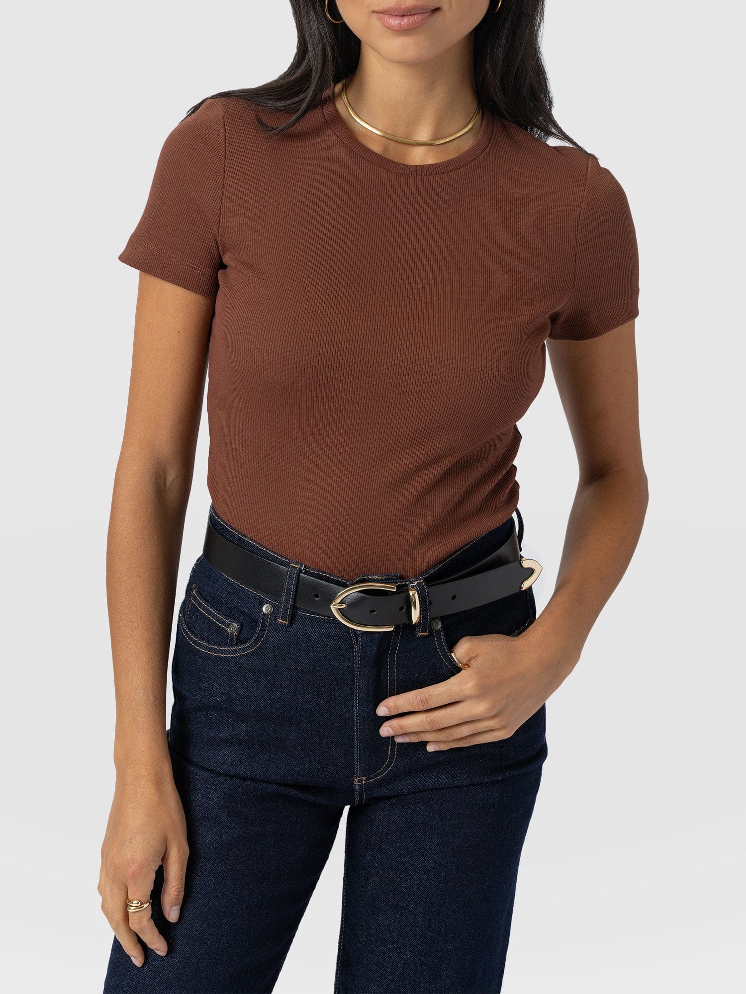 Ribbed Short Sleeve Tee - Russet Brown - Women's T-shirts | Saint + Sofia? EU