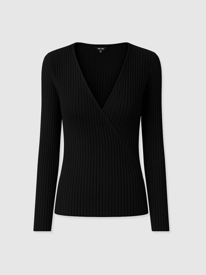Rosa Wrap Tee Long Sleeve - Black Rib - Women's T-shirts | Saint + Sofia® EU