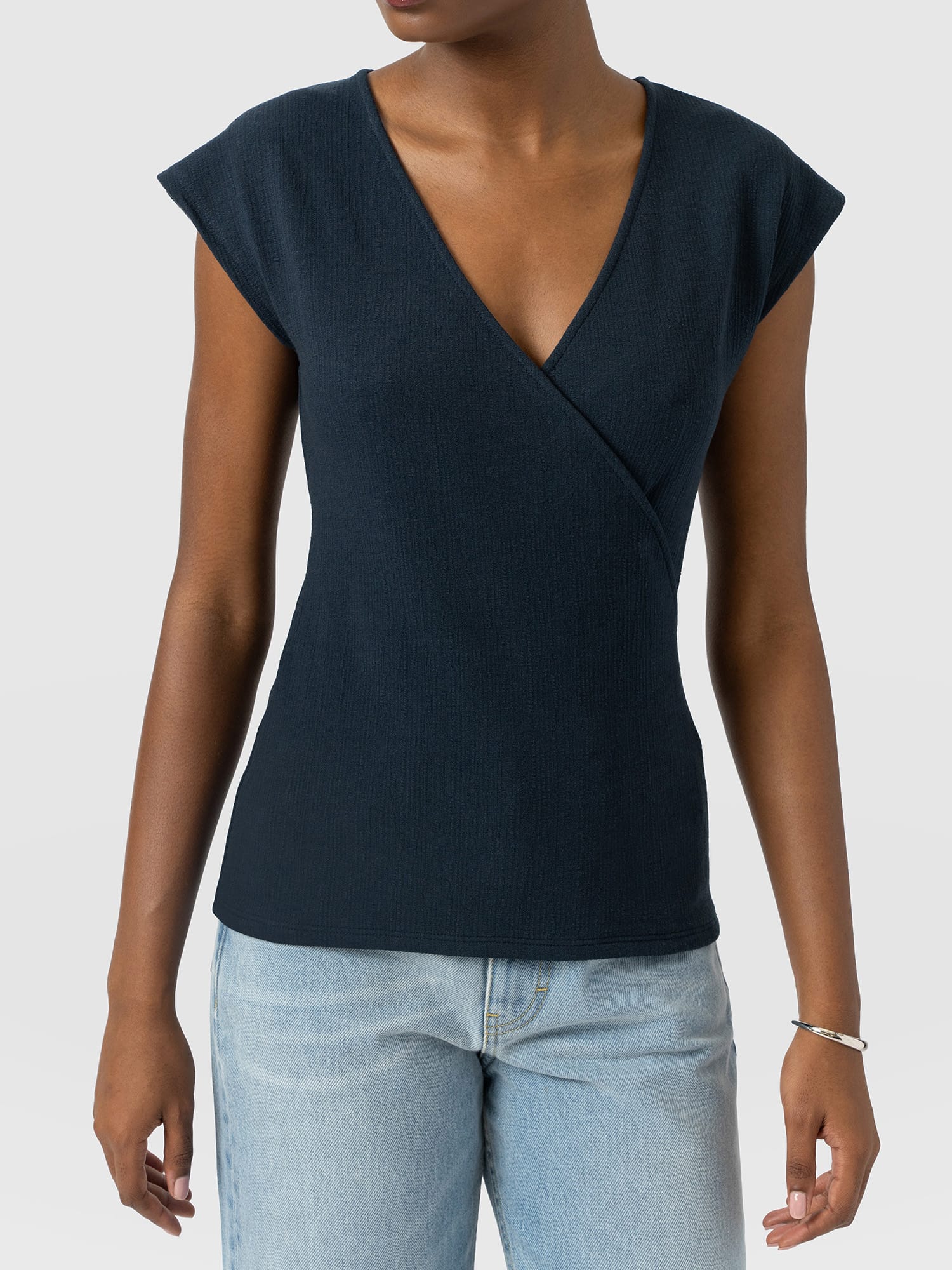 Rosa Wrap Top - Navy Textured - Women's T-shirts | Saint and Sofia® EU