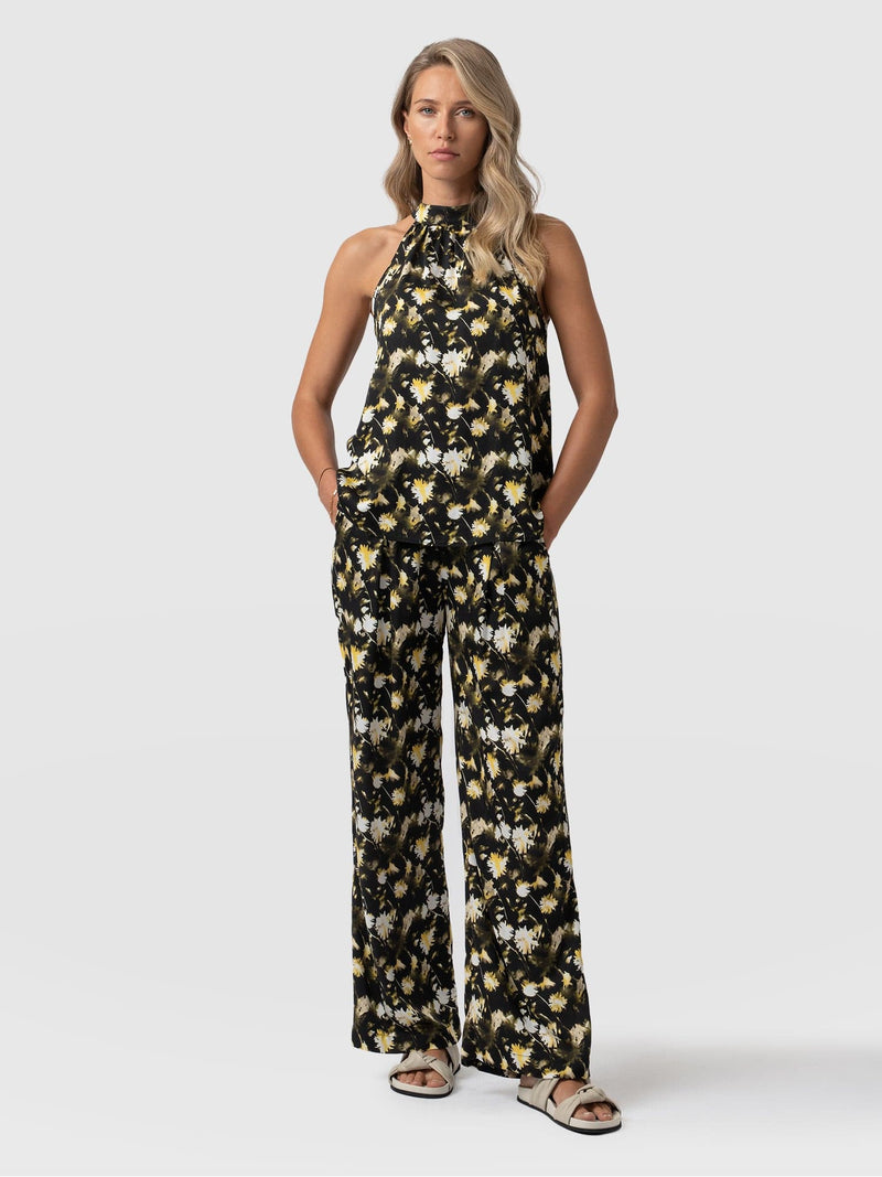 Rowan Wide Leg Pant Black Daisy Floral - Women's Trousers | Saint + Sofia® EU