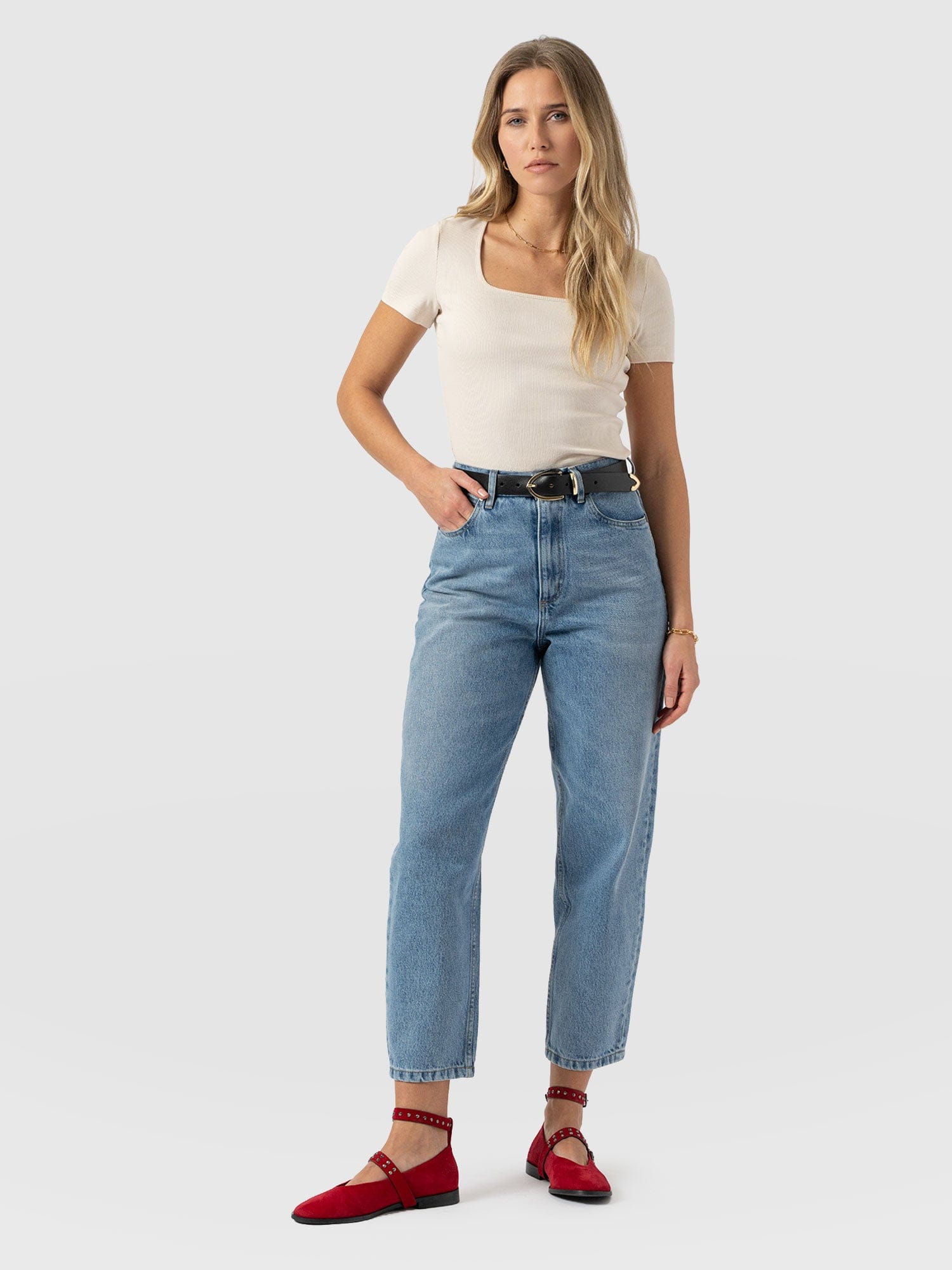 Sloane Ribbed Short Sleeve Tee - Cream - Women's T-shirts | Saint + Sofia® EU