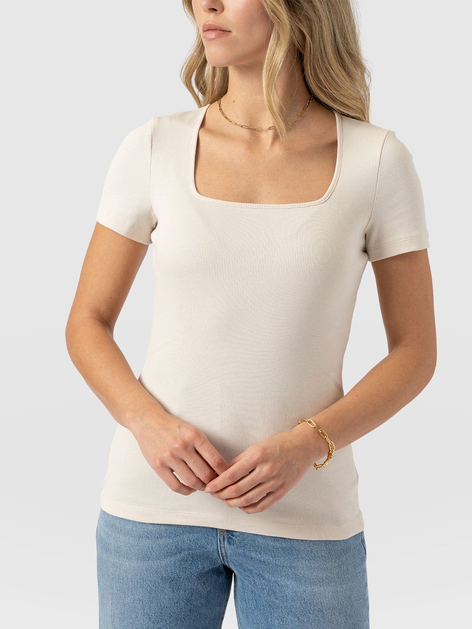 Sloane Ribbed Short Sleeve Tee - Cream - Women's T-shirts | Saint + Sofia® EU