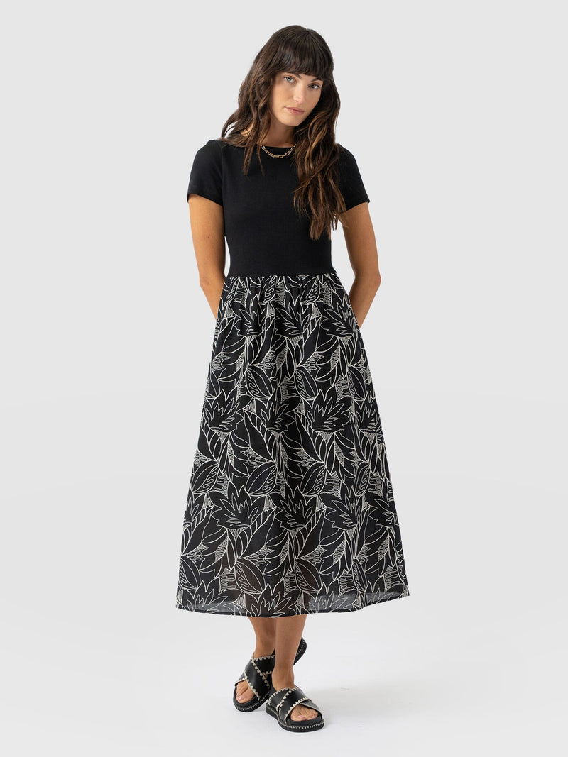 Sophia Contrast Dress - Black Embroidered