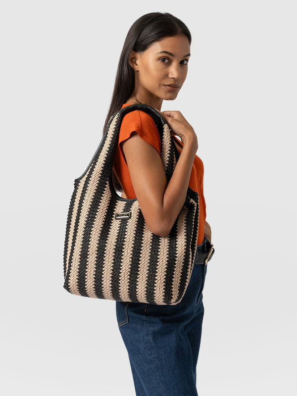 Stella Shoulder Tote Bag Beige/Black Raffia - Women's Bags | Saint + Sofia® EU