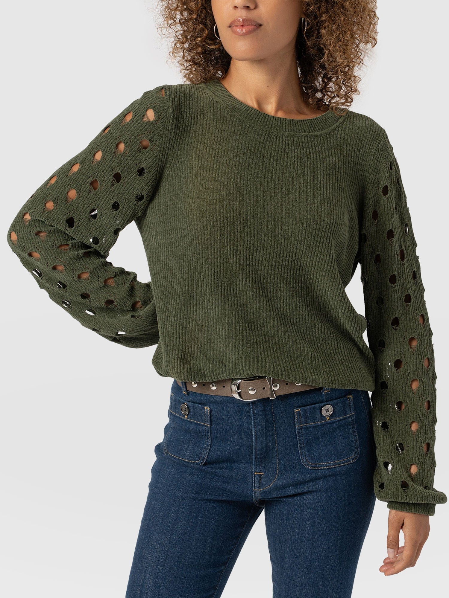 Suki Lace Hole Knit Green - Women's Knitwear | Saint + Sofia® EU