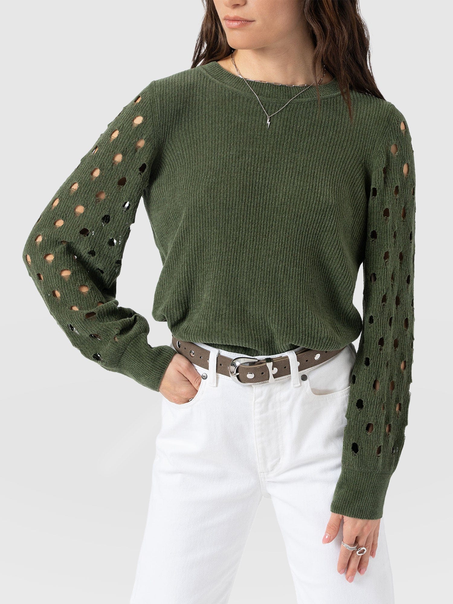 Suki Lace Hole Knit Green - Women's Knitwear | Saint + Sofia® EU