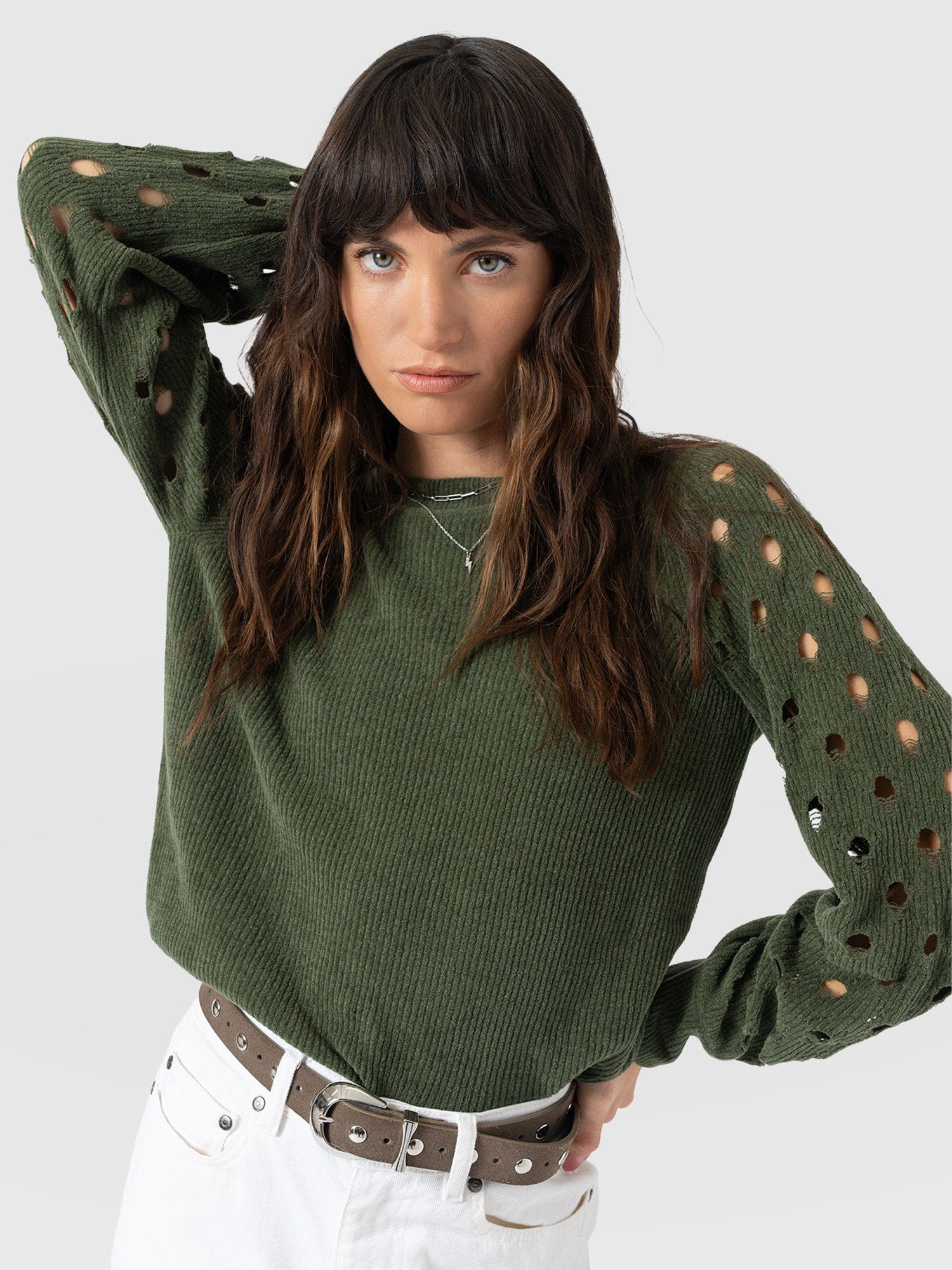 Suki Lace Hole Knit Green - Women's Knitwear | Saint + Sofia® EU