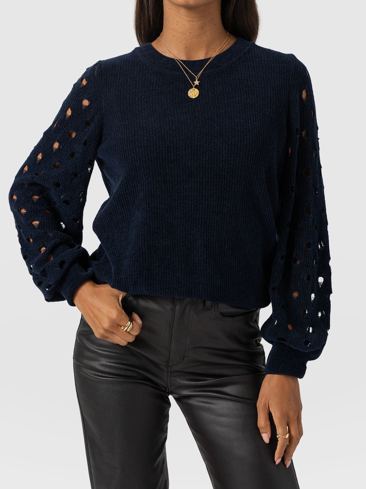 Suki Lace Hole Knit - Navy - Women's Jumpers | Saint and Sofia® EU