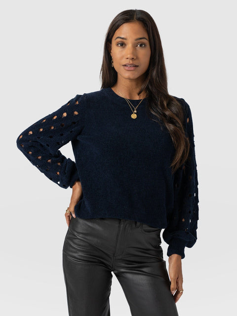 Suki Lace Hole Knit - Navy - Women's Jumpers | Saint and Sofia® EU