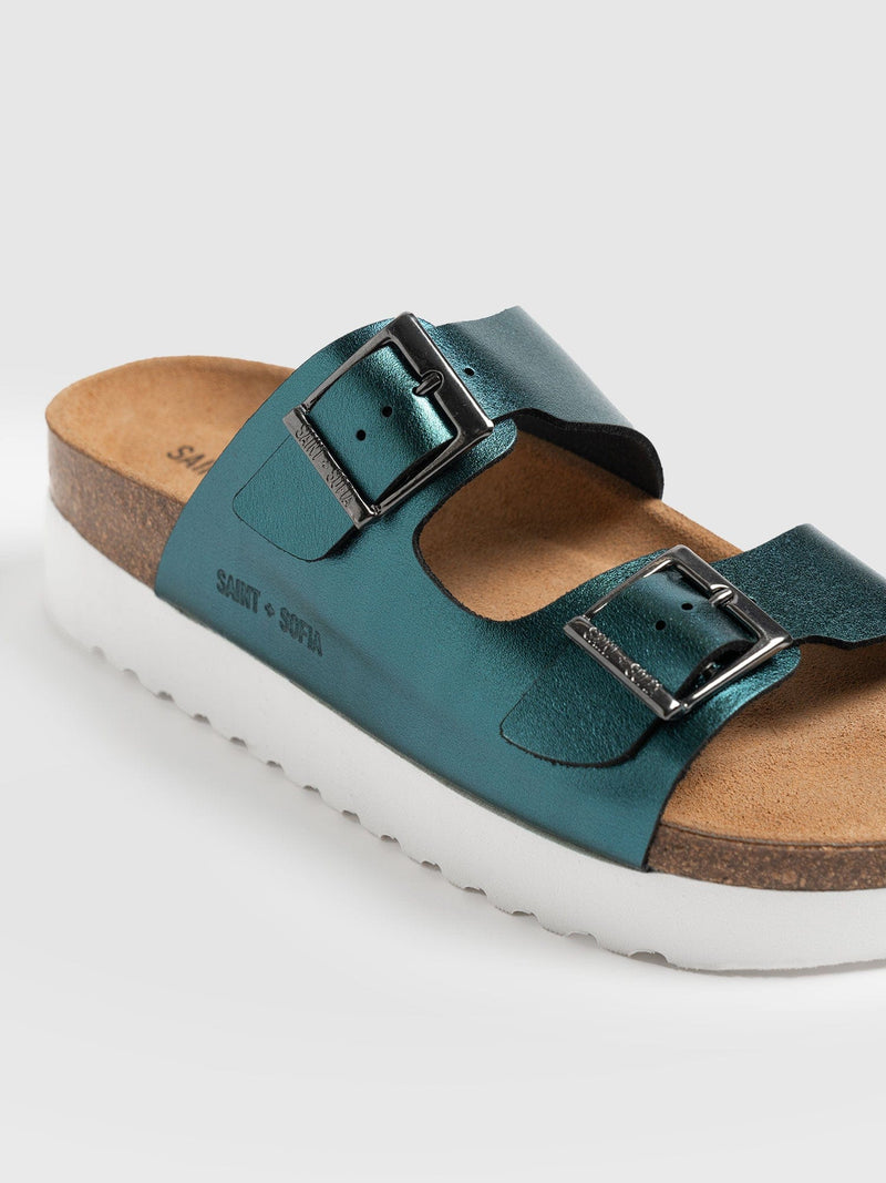 Sutton Slides Metallic Turquoise - Women's Sandals | Saint + Sofia® UK