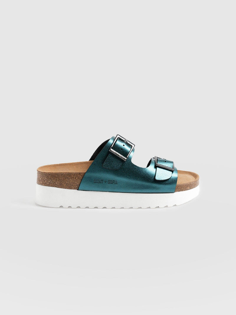 Sutton Slides Metallic Turquoise - Women's Sandals | Saint + Sofia® UK