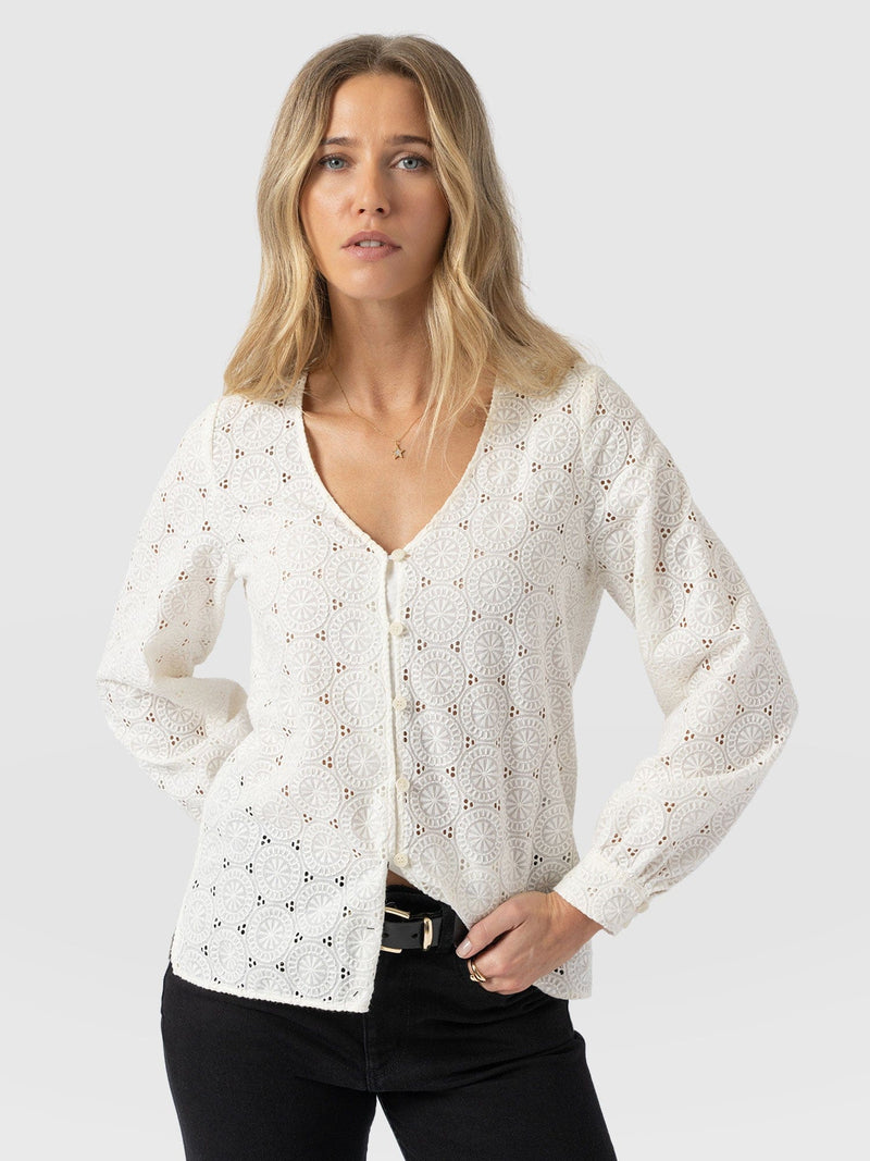 Tabitha V Neck Blouse - Cream Broderie - Women's Blouses | Saint + Sofia® EU