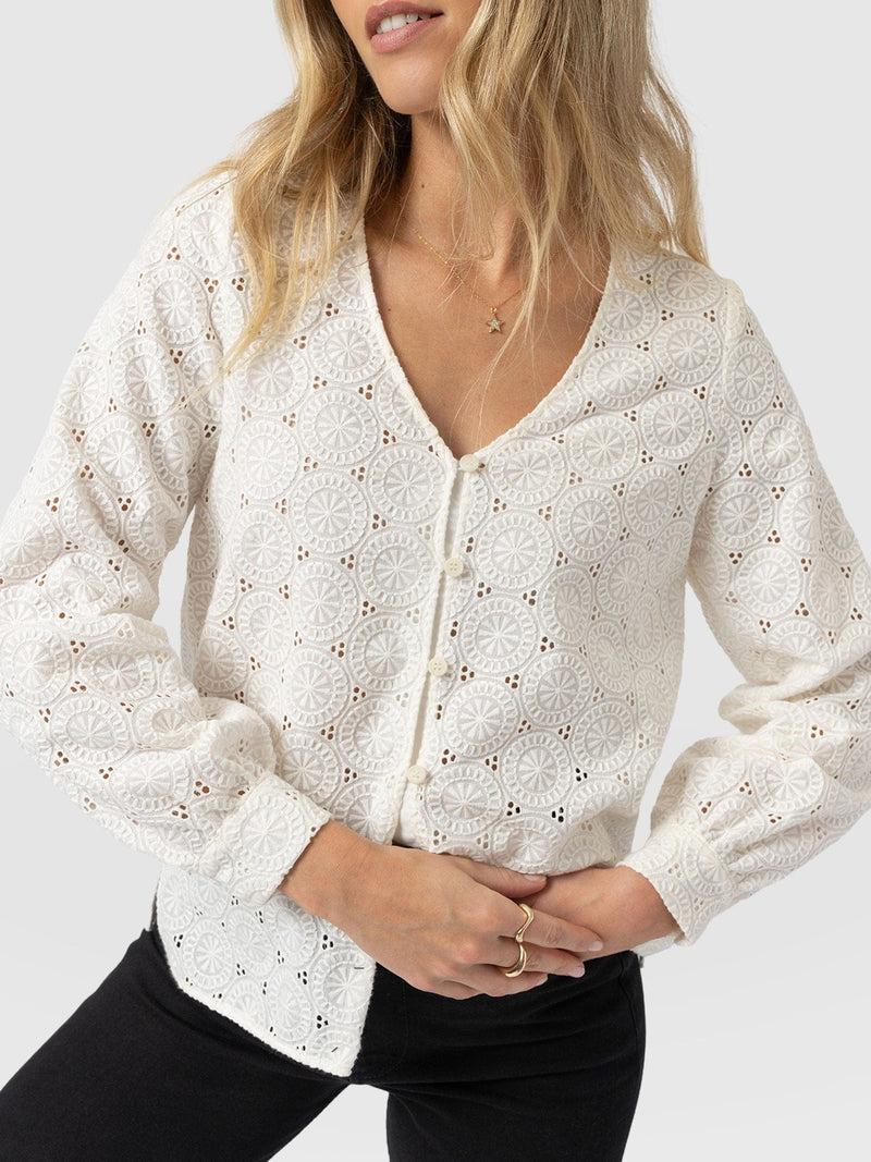 Tabitha V Neck Blouse - Cream Broderie - Women's Blouses | Saint + Sofia® EU