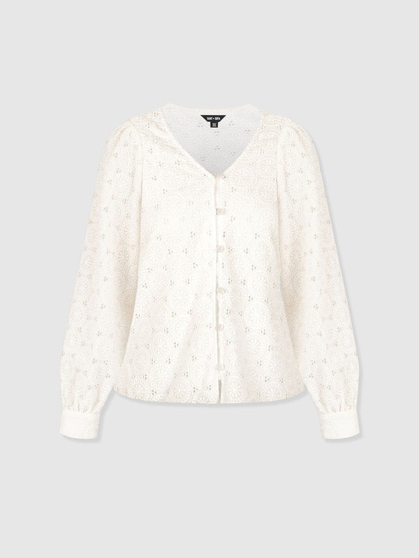 Tabitha V Neck Blouse - Cream Broderie