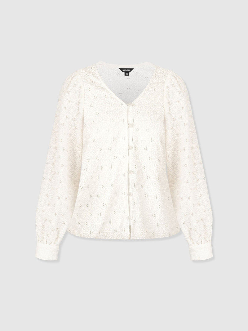 Tabitha V Neck Blouse - Cream Broderie - Women's Blouses | Saint + Sofia® EU
