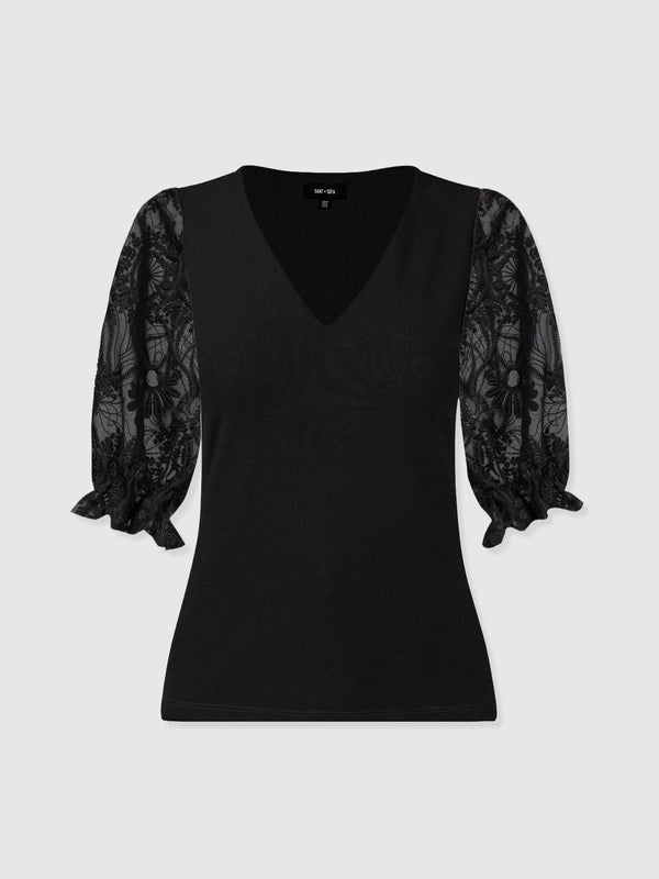 Tori Puff Sleeve Top - Black Lace - Women's T-shirts | Saint + Sofia® EU