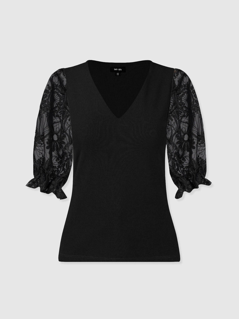 Tori Puff Sleeve Top - Black Lace - Women's T-shirts | Saint + Sofia® EU