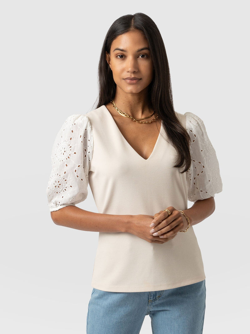 Tori Puff Sleeve Top Cream Broderie - Women's Tops | Saint + Sofia® EU