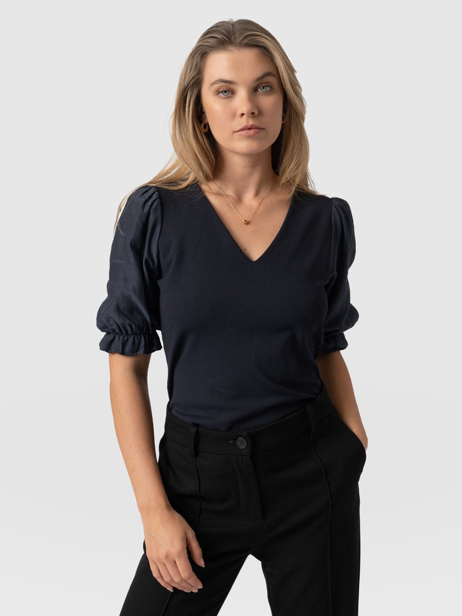 Tori Puff Sleeve Top Navy Ponte - Women's Tops | Saint + Sofia® EU