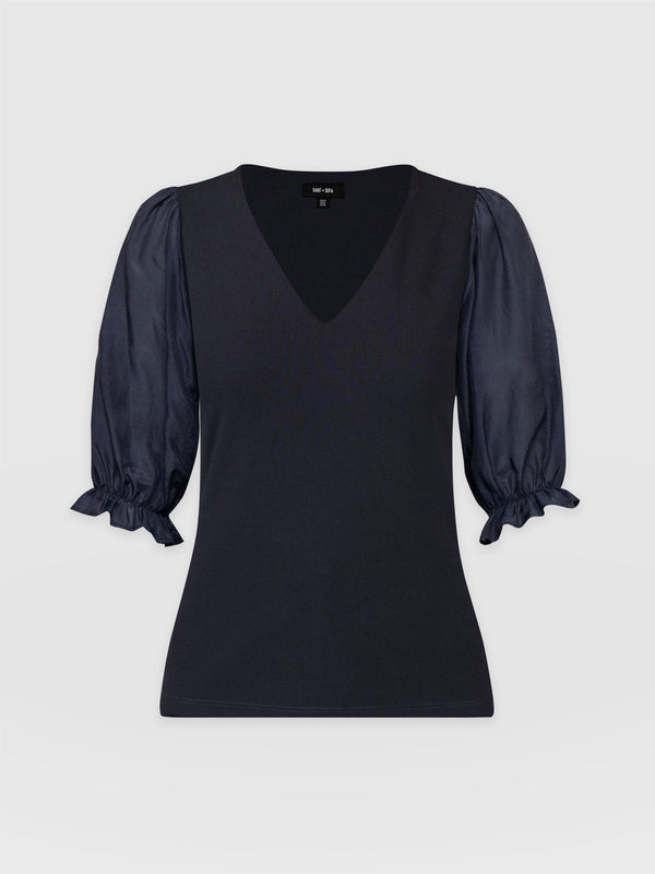 Tori Puff Sleeve Top Navy Ponte - Women's Tops | Saint + Sofia® UK