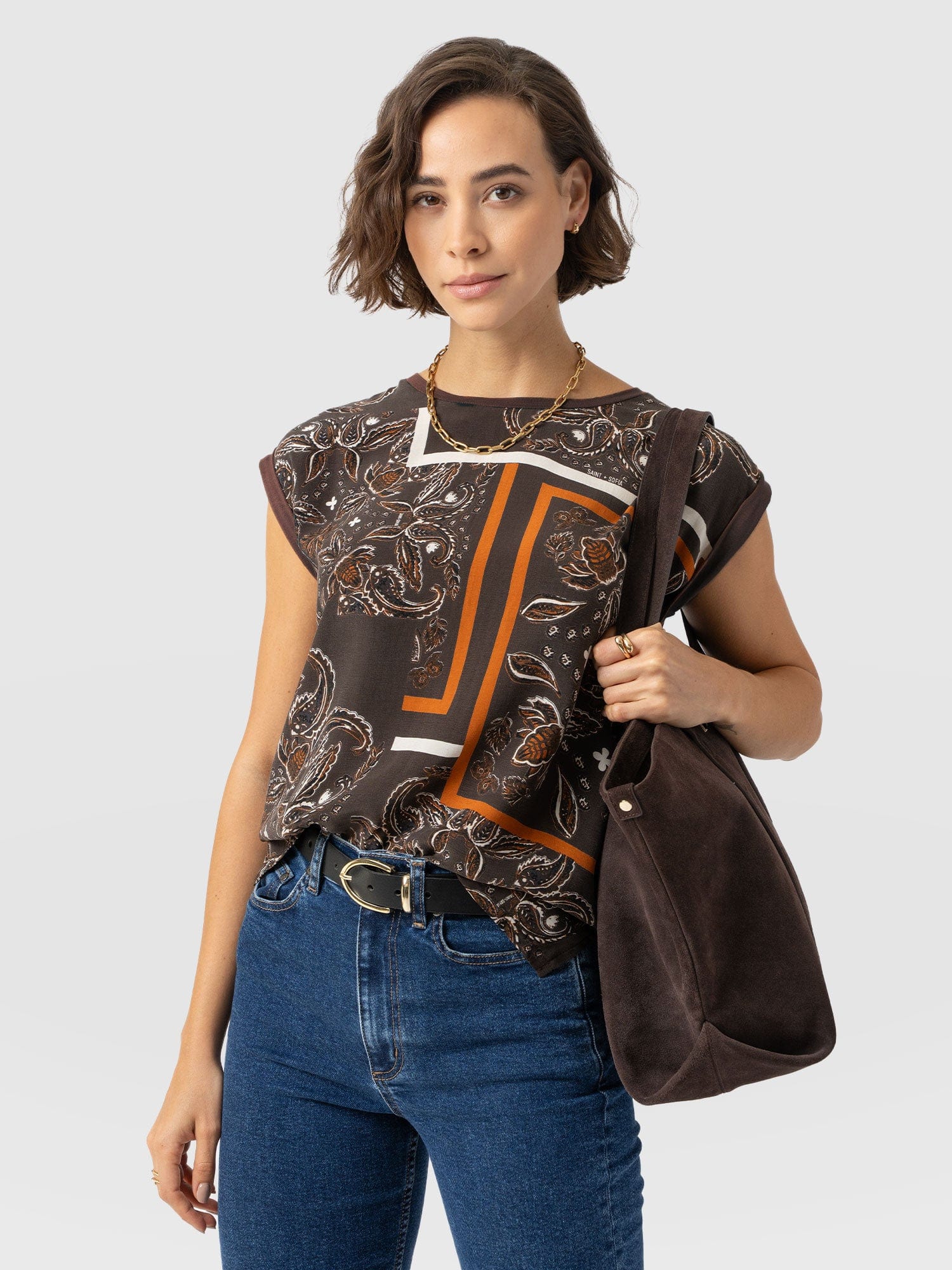 Turn Up Contrast Tee - Brown Paisley - Women's T-shirts | Saint + Sofia? EU