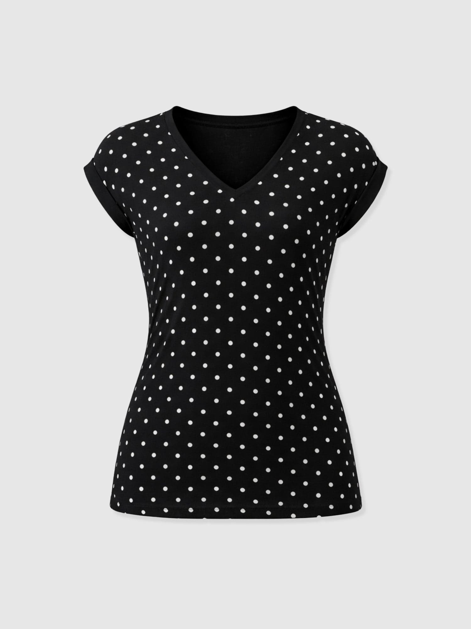 Turn Up Contrast V Neck Tee - Black Polka Dot - Women's T-shirts | Saint + Sofia® EU