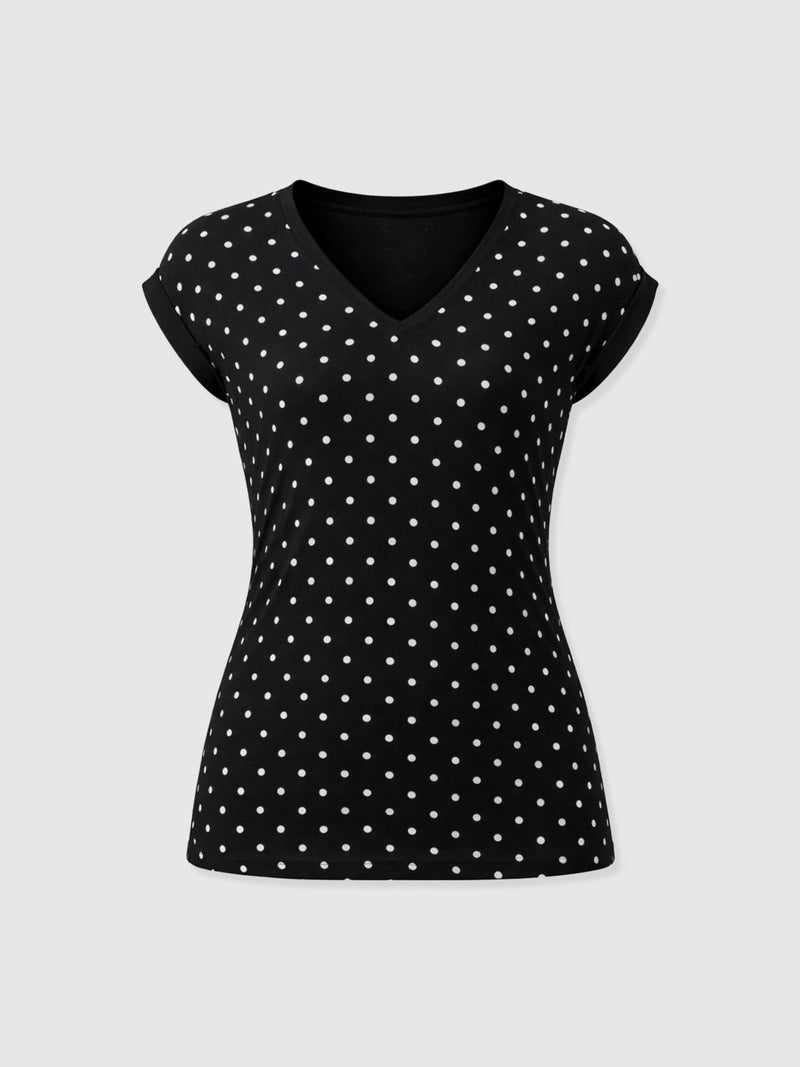 Turn Up Contrast V Neck Tee - Black Polka Dot - Women's T-shirts | Saint + Sofia® EU