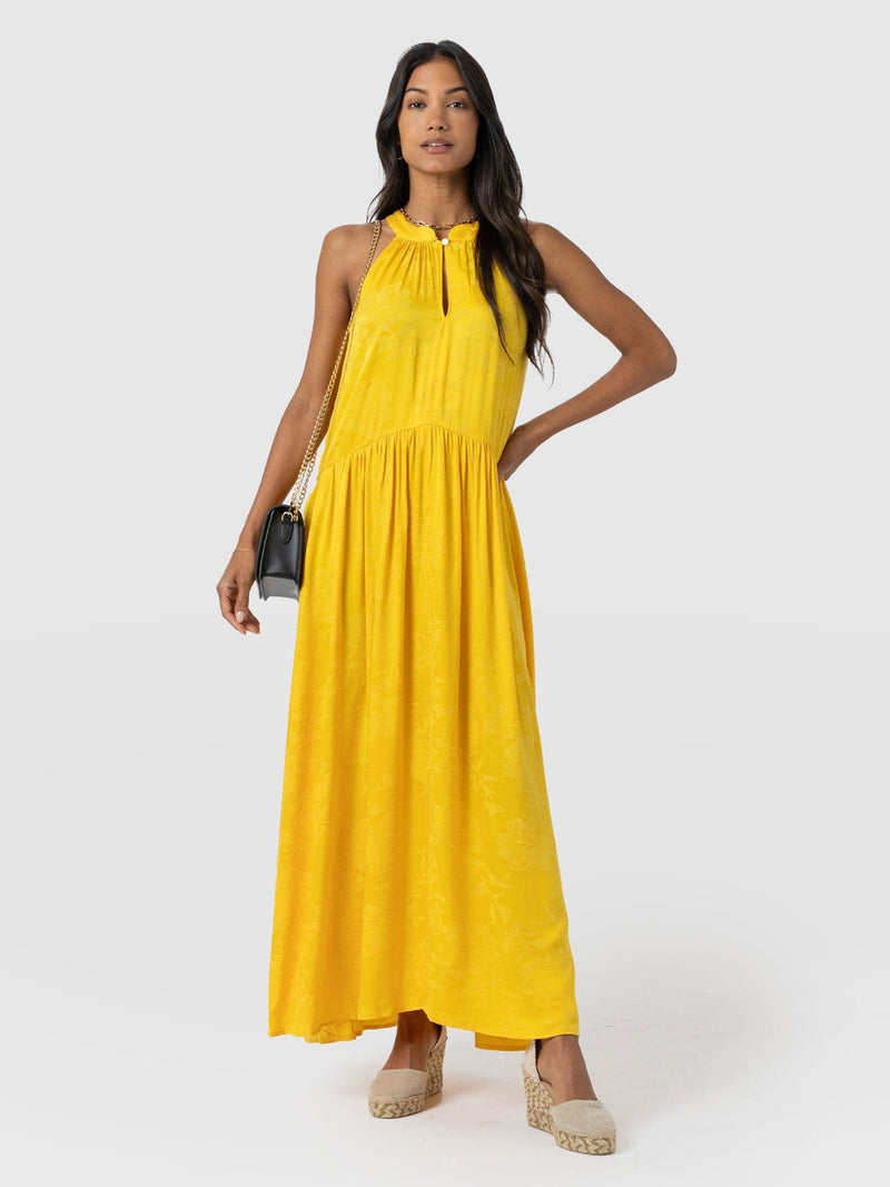 Zoey Halter Neck Dress - Yellow Jacquard - Women's Dresses | Saint + Sofia® EU