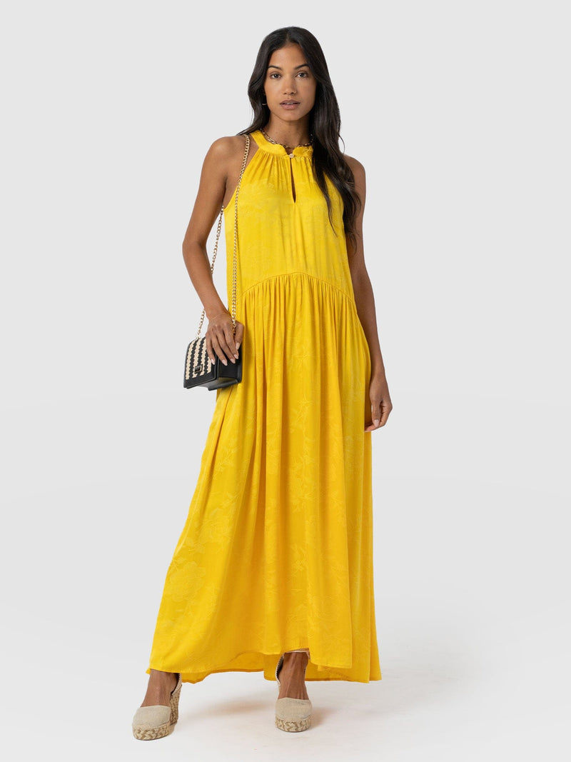 Zoey Halter Neck Dress - Yellow Jacquard - Women's Dresses | Saint + Sofia® EU