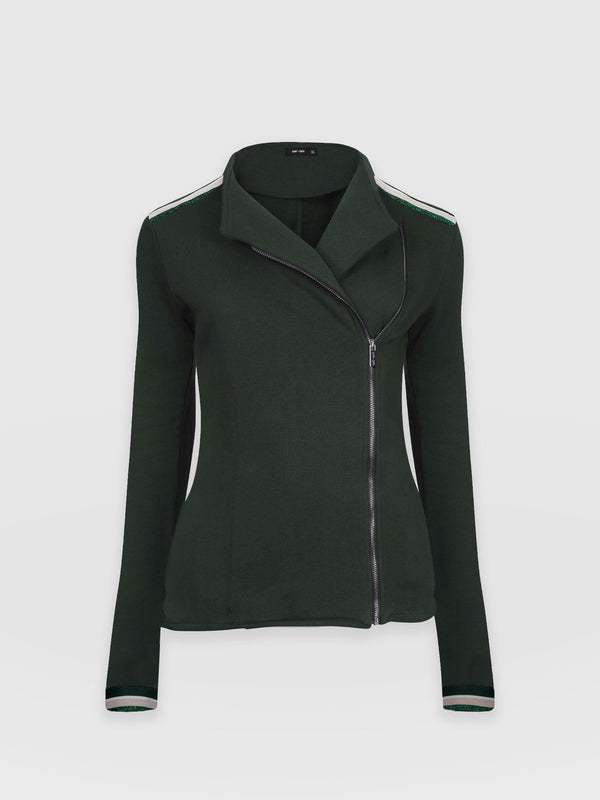 Cotton Biker Jacket - Bottle Green with Green/Pink Lurex Stripe - Women's Jackets | Saint + Sofia® EU